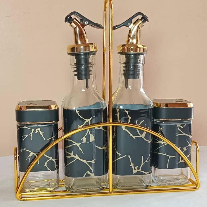 Ensemble 2 Distributeurs d'huile vinaigrier sirop +2 Pots d'épices en verre-Noir