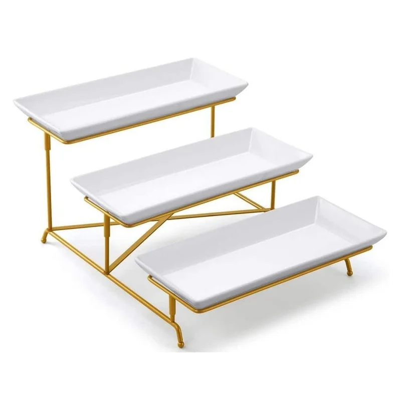 Plateau de service à 3 niveaux pour table à desserts-plateaux de service en céramique blanc doré