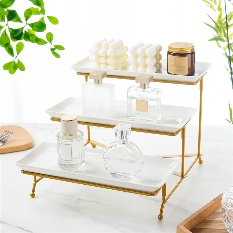 Plateau de service à 3 niveaux pour table à desserts-plateaux de service en céramique blanc doré