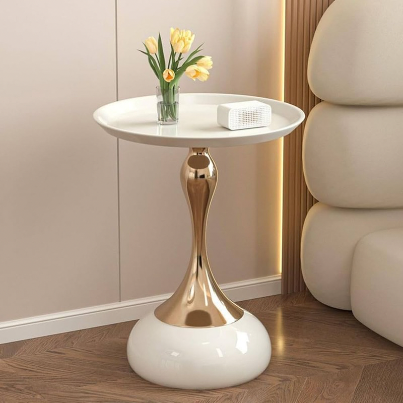Table d'appoint-Table salon-Table ronde à piédestal en métal Blanc