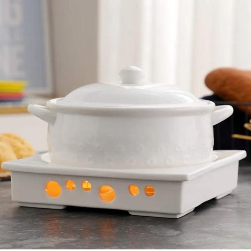 Ensemble casserole et chauffe-plats en céramique avec bougeoir