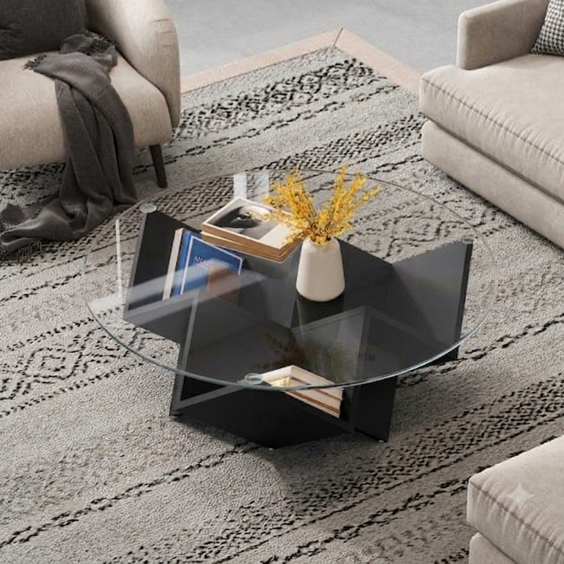 Table basse design ronde en verre avec rangement intégré