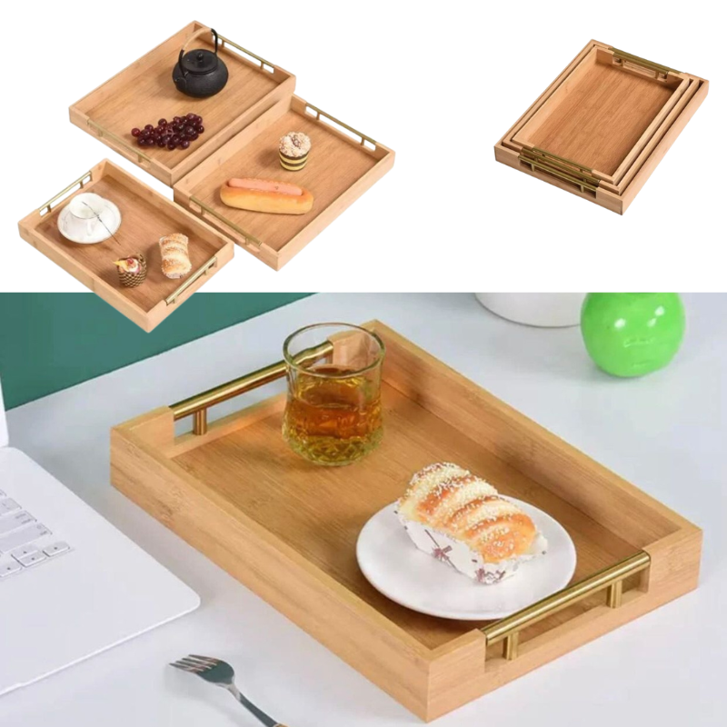 3 Plateaux de Service en Bambou Avec Poignée Dorée