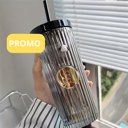Gobelet en verre avec couvercle+ Paille- 470ML