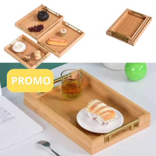 3 Plateaux de Service en Bambou Avec Poignée Dorée