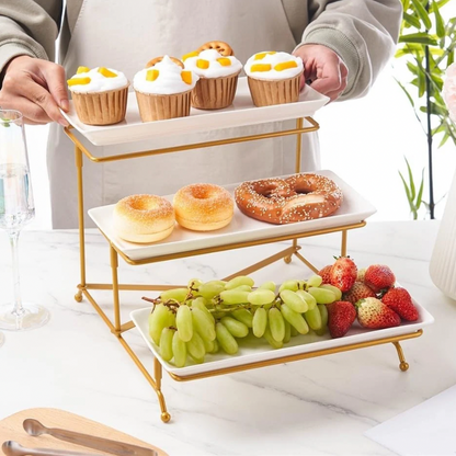 Plateau de service à 3 niveaux pour table à desserts-plateaux de service en céramique blanc doré