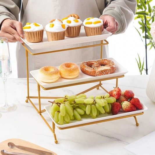 Plateau de service à 3 niveaux pour table à desserts-plateaux de service en céramique blanc doré