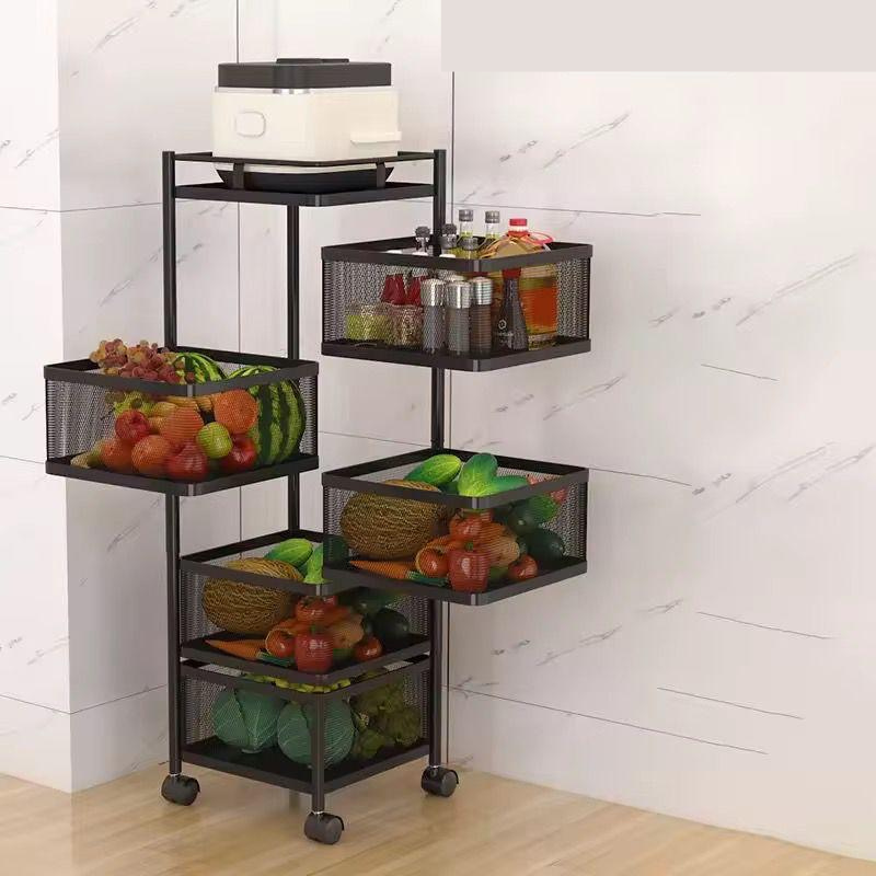 Chariot de Cuisine à roulettes-Panier de Rangement Rotatif pour Fruits et légumes