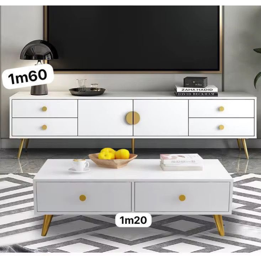Ensemble Meuble TV & Table Basse Marbre Blanc Doré – Salon Luxe | Atishomedakar