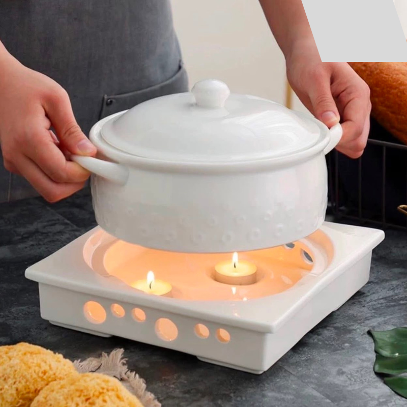 Ensemble casserole et chauffe-plats en céramique avec bougeoir