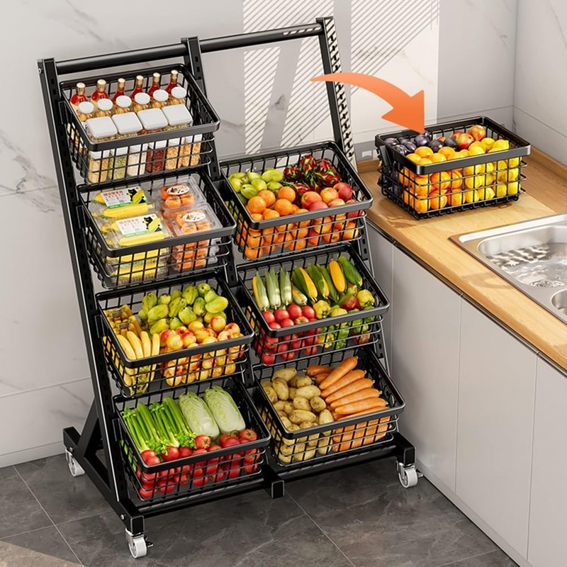 Étagère de Rangement Cuisine à Roulettes 8 Paniers – Organisateur Fruits, Légumes et Épicerie