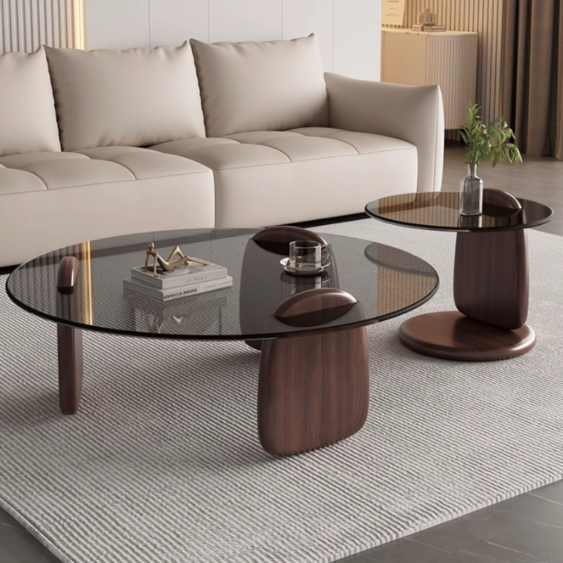 Ensemble 2 Tables Gigognes Élégantes en Verre Trempé et Bois