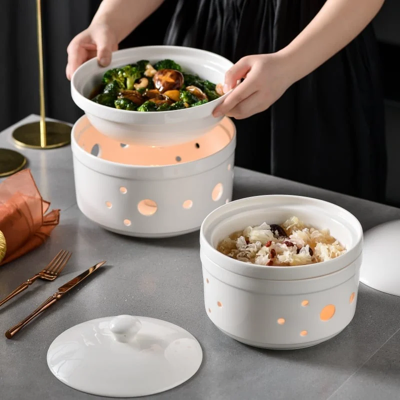 Ensemble Soupière Chauffante en Céramique – Service Buffet avec Réchaud 4 pièces