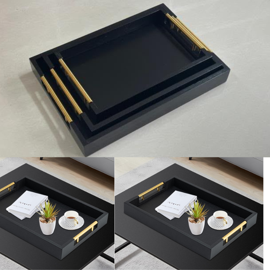 3 plateaux bambou noir avec poignées dorées