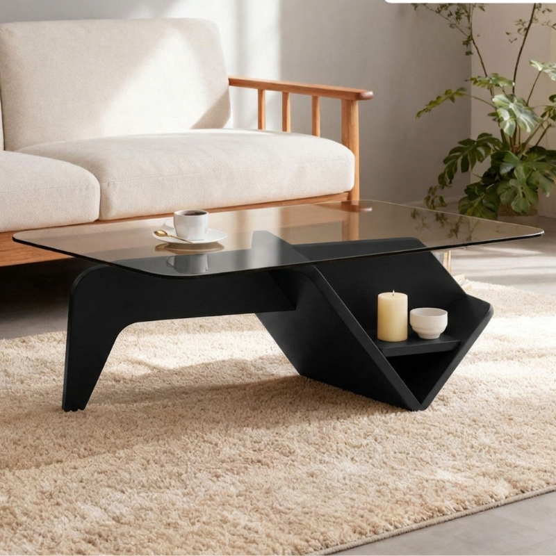 Table Basse Design en Verre Trempé avec Rangement Intégré