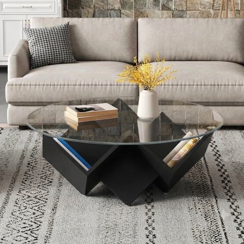 Table basse design ronde en verre avec rangement intégré
