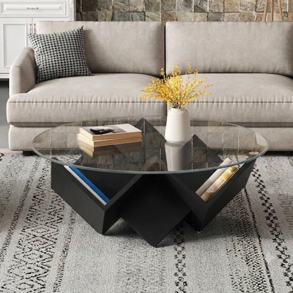 Table basse design ronde en verre avec rangement intégré