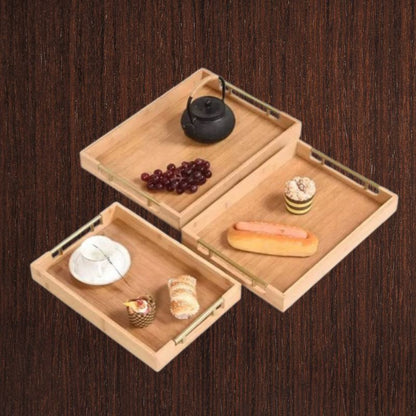 3 Plateaux de Service en Bambou Avec Poignée Dorée