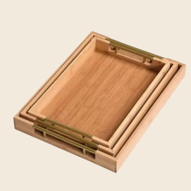 3 Plateaux de Service en Bambou Avec Poignée Dorée