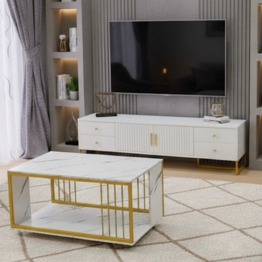 Set TV & Table Basse Marbre Blanc et doré