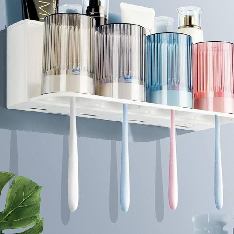 Support brosse à dents Multifonction Adhésif/Rangement brosse à dents avec gobelets et fentes