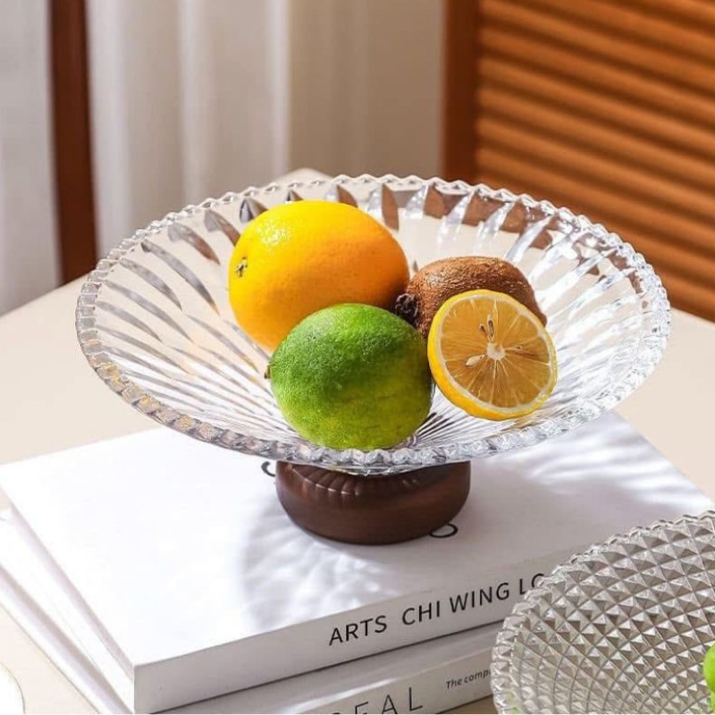 Bol décoratif en verre avec base en bois design pour fruits et pot pourri
