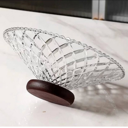 Bol décoratif en verre avec base en bois design pour fruits et pot pourri
