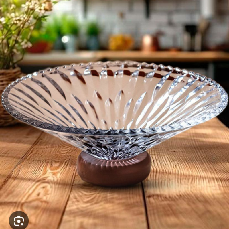 Bol décoratif en verre avec base en bois design pour fruits et pot pourri